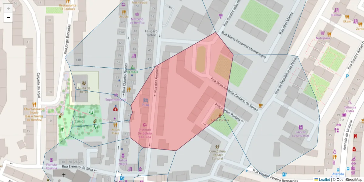 Mapa detalhado do código postal 1500-055 com limites, códigos postais vizinhos e agências dos correios