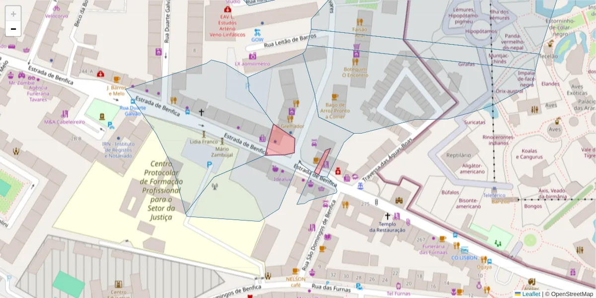 Mapa detalhado do código postal 1500-073 com limites, códigos postais vizinhos e agências dos correios