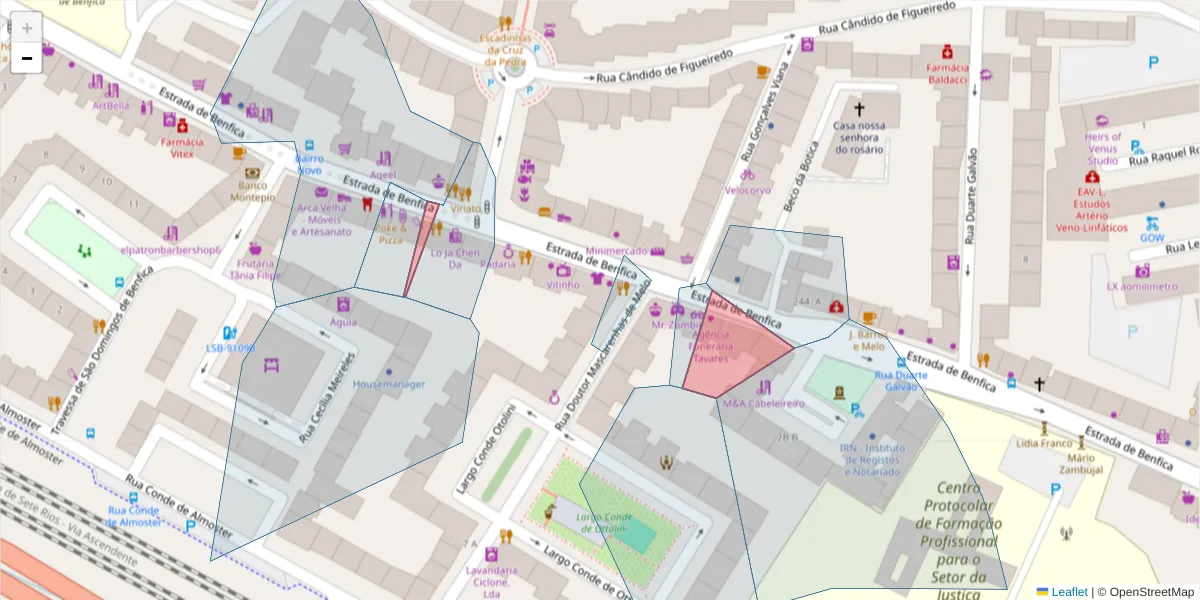 Mapa detalhado do código postal 1500-074 com limites, códigos postais vizinhos e agências dos correios