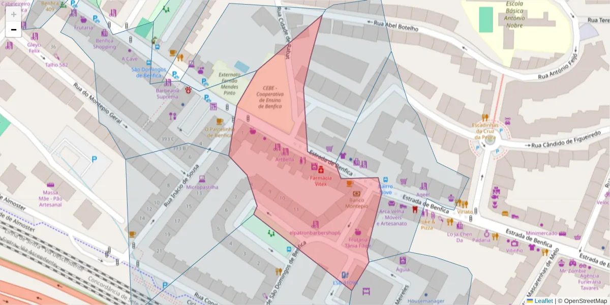 Mapa detalhado do código postal 1500-076 com limites, códigos postais vizinhos e agências dos correios