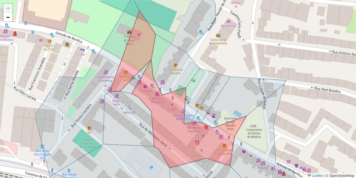 Mapa detalhado do código postal 1500-077 com limites, códigos postais vizinhos e agências dos correios