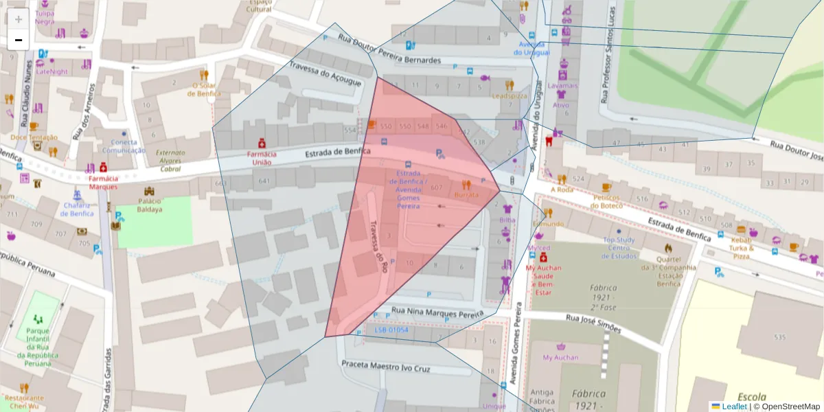 Mapa detalhado do código postal 1500-086 com limites, códigos postais vizinhos e agências dos correios