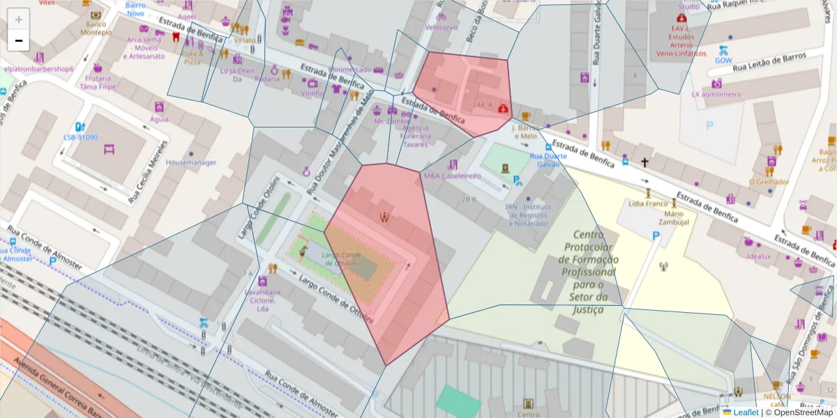 Mapa detalhado do código postal 1500-096 com limites, códigos postais vizinhos e agências dos correios