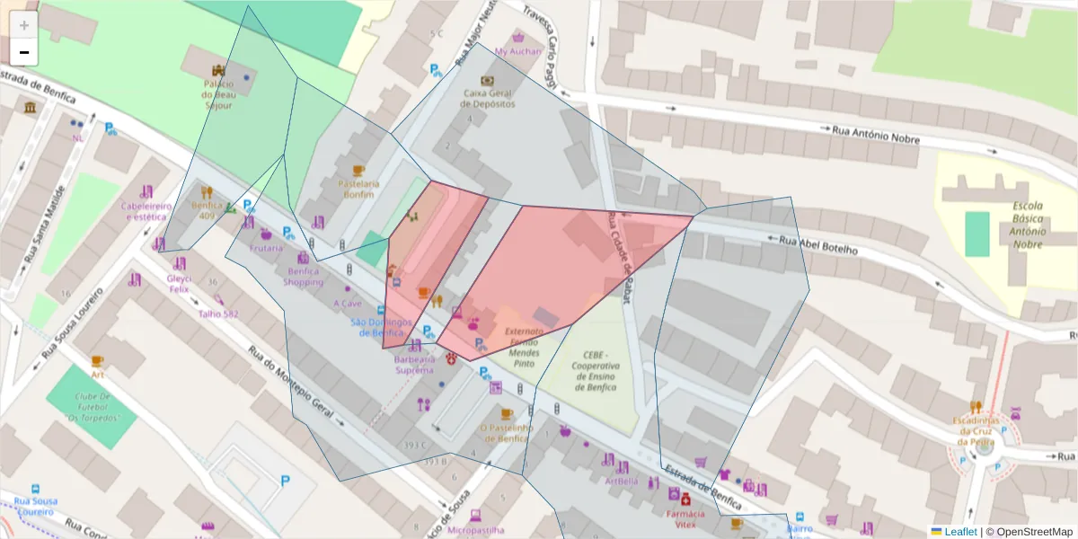 Mapa detalhado do código postal 1500-099 com limites, códigos postais vizinhos e agências dos correios