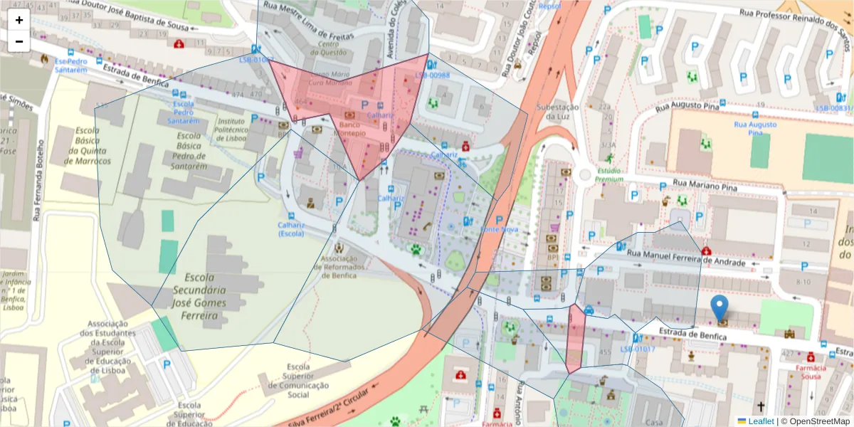 Mapa detalhado do código postal 1500-104 com limites, códigos postais vizinhos e agências dos correios