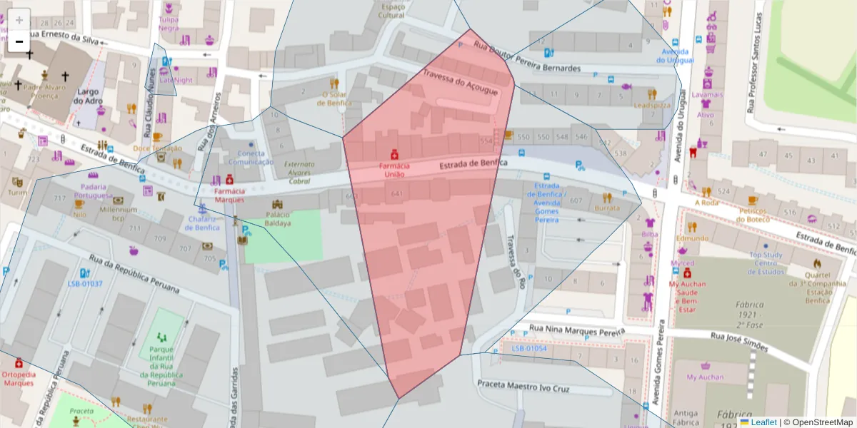 Mapa detalhado do código postal 1500-107 com limites, códigos postais vizinhos e agências dos correios