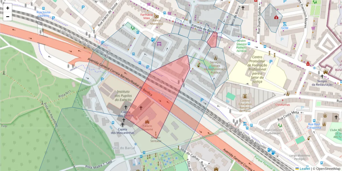 Mapa detalhado do código postal 1500-138 com limites, códigos postais vizinhos e agências dos correios