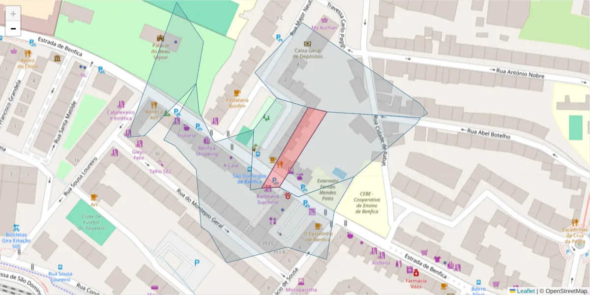 Mapa detalhado do código postal 1500-158 com limites, códigos postais vizinhos e agências dos correios