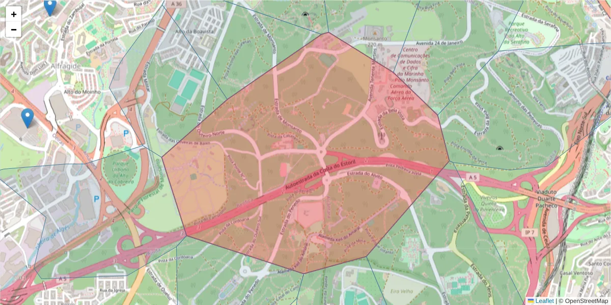 Mapa detalhado do código postal 1500-225 com limites, códigos postais vizinhos e agências dos correios