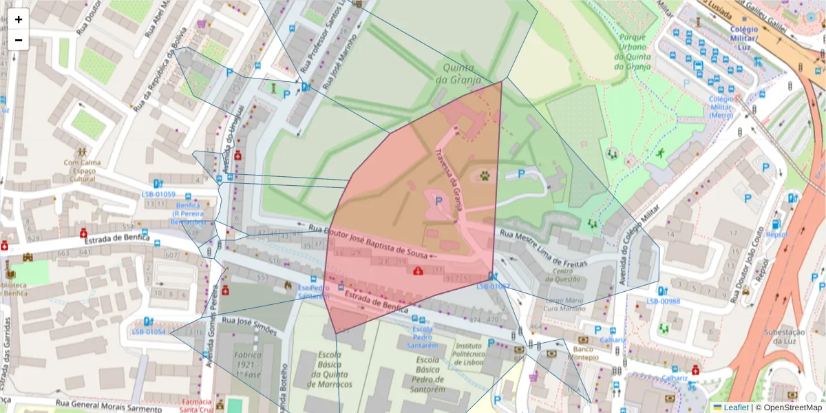 Mapa detalhado do código postal 1500-244 com limites, códigos postais vizinhos e agências dos correios