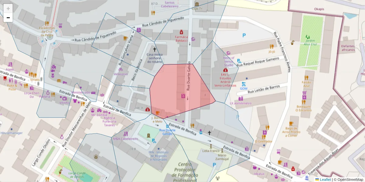 Mapa detalhado do código postal 1500-252 com limites, códigos postais vizinhos e agências dos correios
