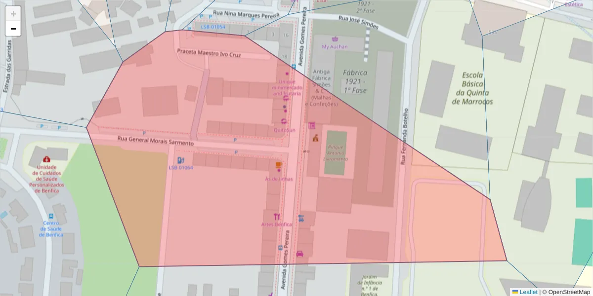 Mapa detalhado do código postal 1500-330 com limites, códigos postais vizinhos e agências dos correios
