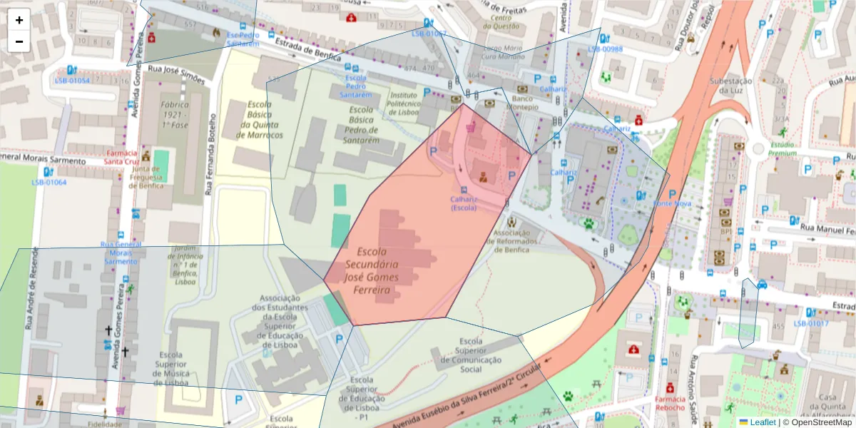 Mapa detalhado do código postal 1500-378 com limites, códigos postais vizinhos e agências dos correios