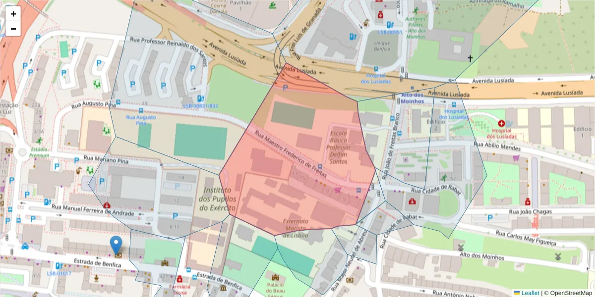 Mapa detalhado do código postal 1500-399 com limites, códigos postais vizinhos e agências dos correios