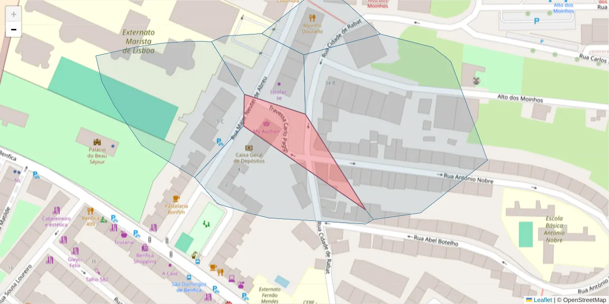 Mapa detalhado do código postal 1500-410 com limites, códigos postais vizinhos e agências dos correios