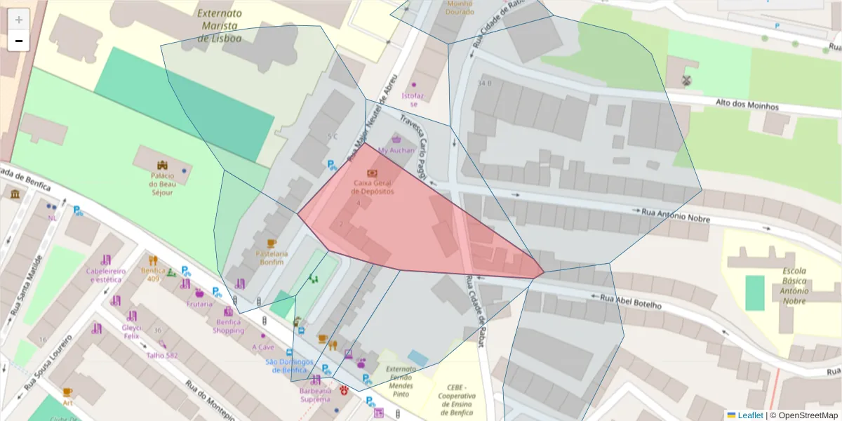 Mapa detalhado do código postal 1500-411 com limites, códigos postais vizinhos e agências dos correios