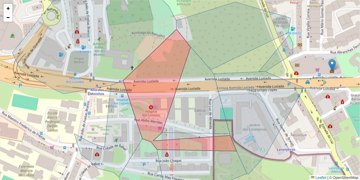 Mapa detalhado do código postal 1500-458 com limites, códigos postais vizinhos e agências dos correios
