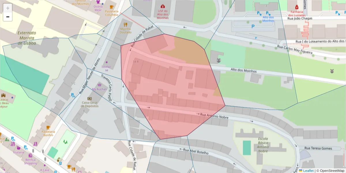 Mapa detalhado do código postal 1500-459 com limites, códigos postais vizinhos e agências dos correios