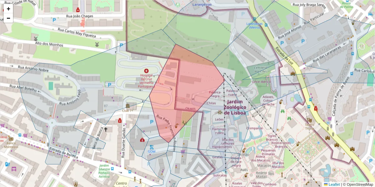 Mapa detalhado do código postal 1500-540 com limites, códigos postais vizinhos e agências dos correios