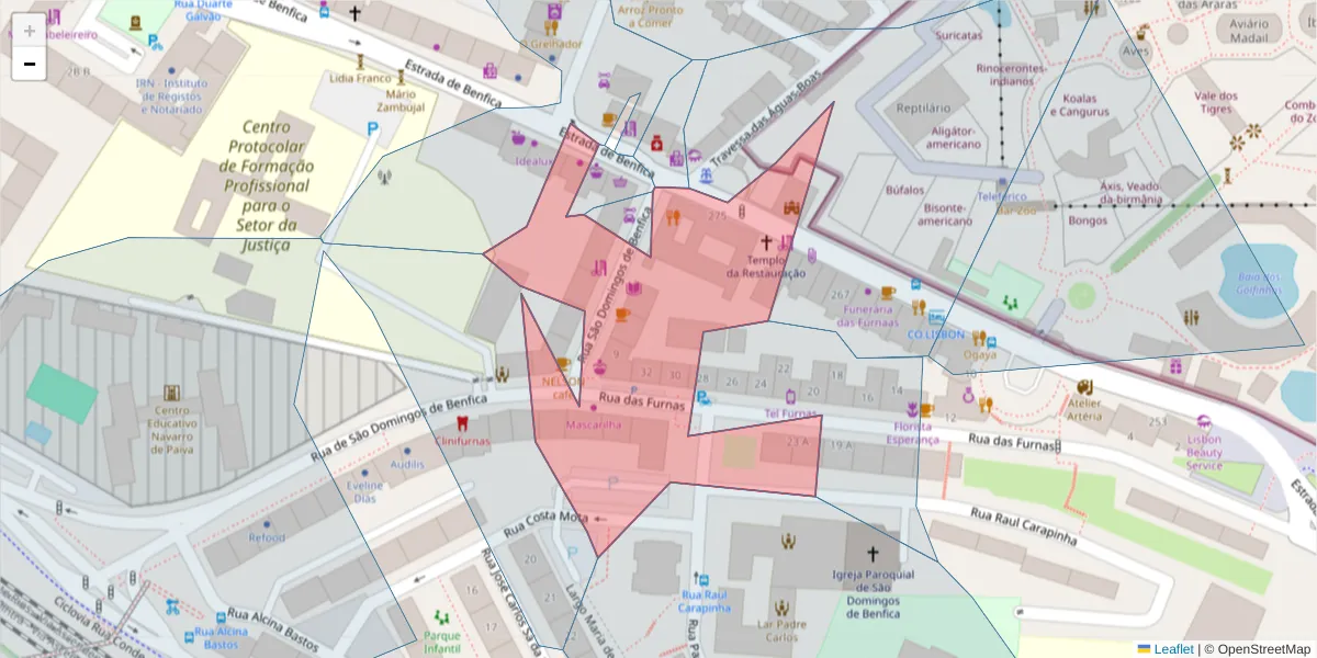 Mapa detalhado do código postal 1500-555 com limites, códigos postais vizinhos e agências dos correios