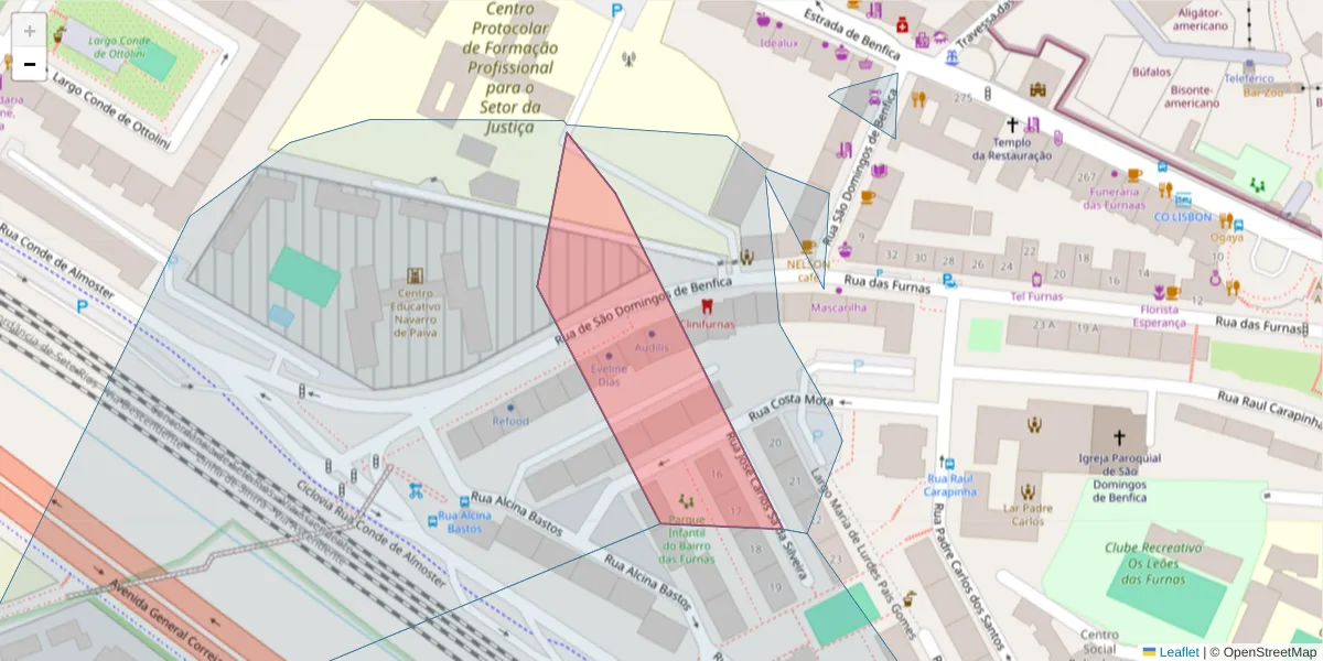 Mapa detalhado do código postal 1500-556 com limites, códigos postais vizinhos e agências dos correios