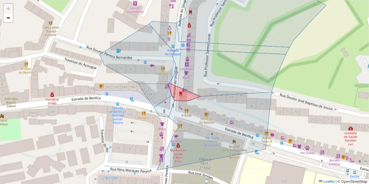 Mapa detalhado do código postal 1500-612 com limites, códigos postais vizinhos e agências dos correios