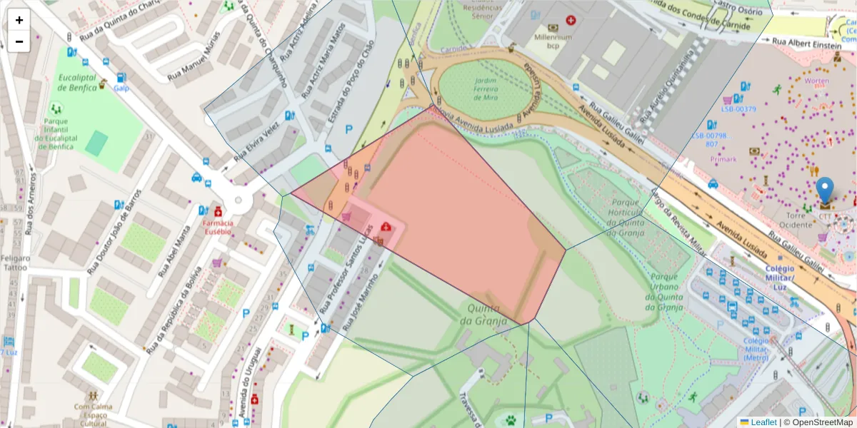 Mapa detalhado do código postal 1500-615 com limites, códigos postais vizinhos e agências dos correios