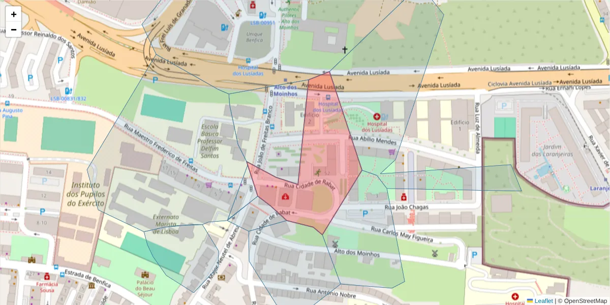 Mapa detalhado do código postal 1500-672 com limites, códigos postais vizinhos e agências dos correios