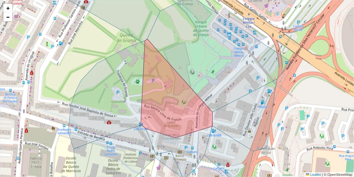 Mapa detalhado do código postal 1500-895 com limites, códigos postais vizinhos e agências dos correios