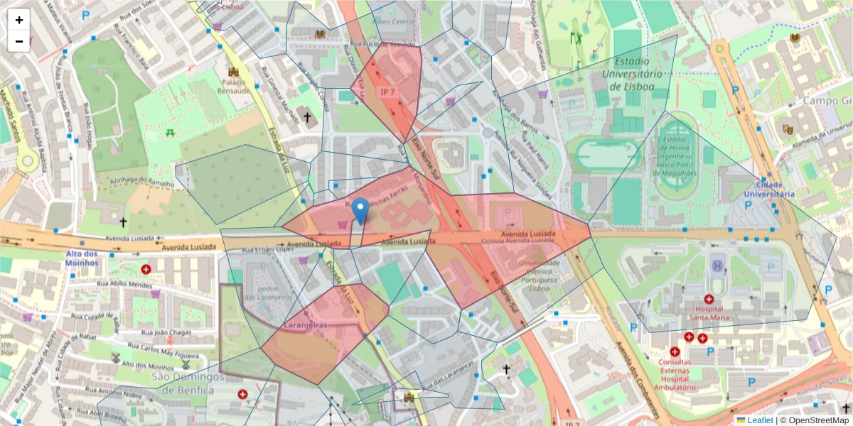 Mapa detalhado do código postal 1600-001 com limites, códigos postais vizinhos e agências dos correios
