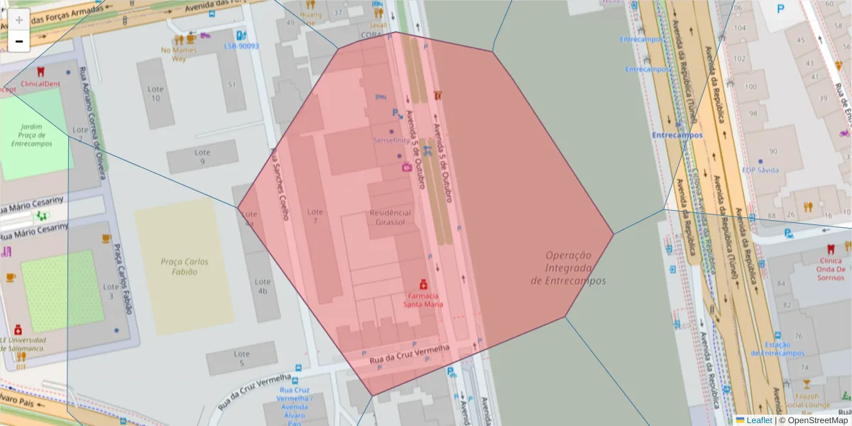 Mapa detalhado do código postal 1600-035 Nossa Senhora de Fátima com limites, códigos postais vizinhos e agências dos correios