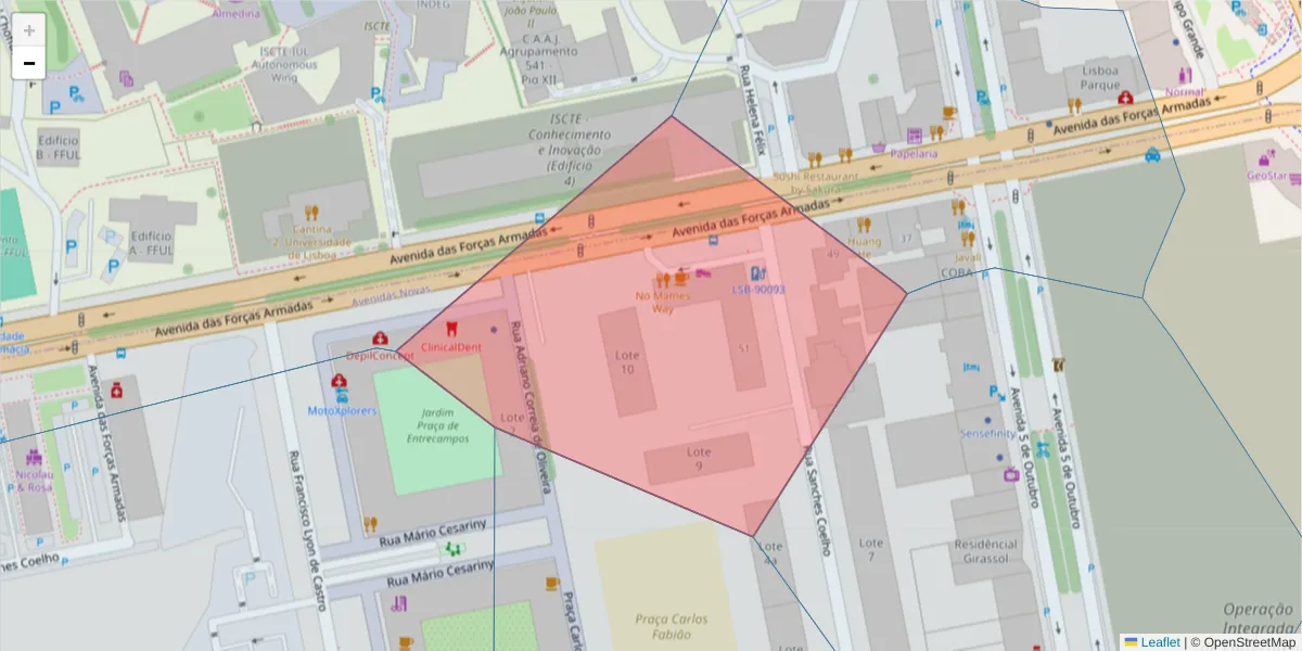 Mapa detalhado do código postal 1600-035 com limites, códigos postais vizinhos e agências dos correios