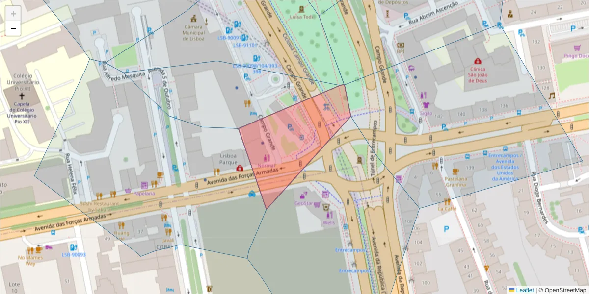 Mapa detalhado do código postal 1600-082 com limites, códigos postais vizinhos e agências dos correios