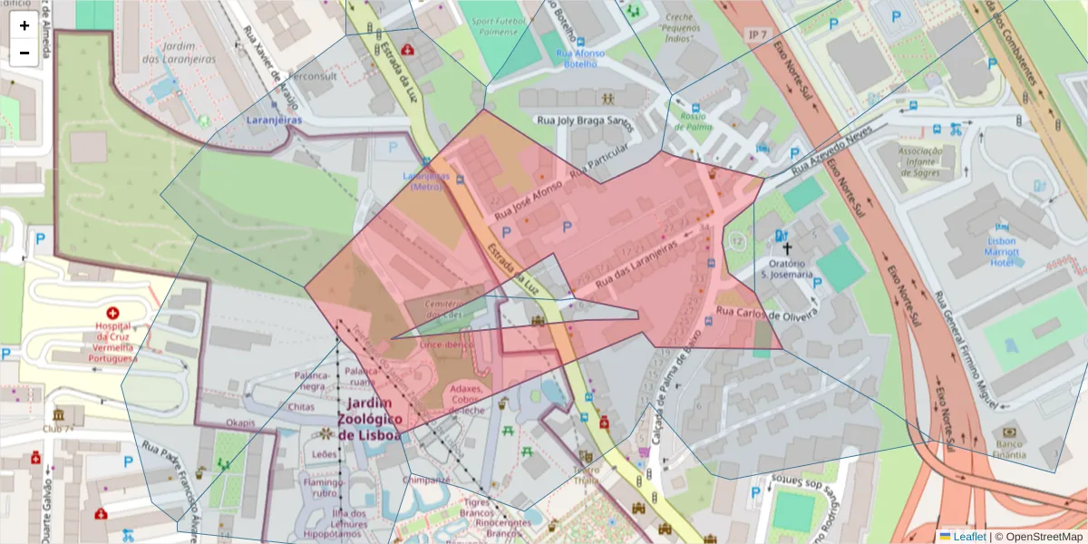 Mapa detalhado do código postal 1600-140 com limites, códigos postais vizinhos e agências dos correios