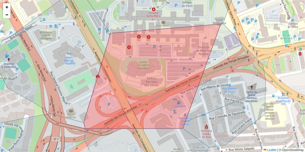 Mapa detalhado do código postal 1600-198 com limites, códigos postais vizinhos e agências dos correios