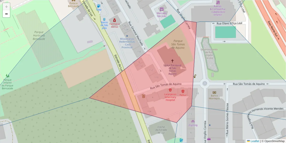 Mapa detalhado do código postal 1600-203 com limites, códigos postais vizinhos e agências dos correios