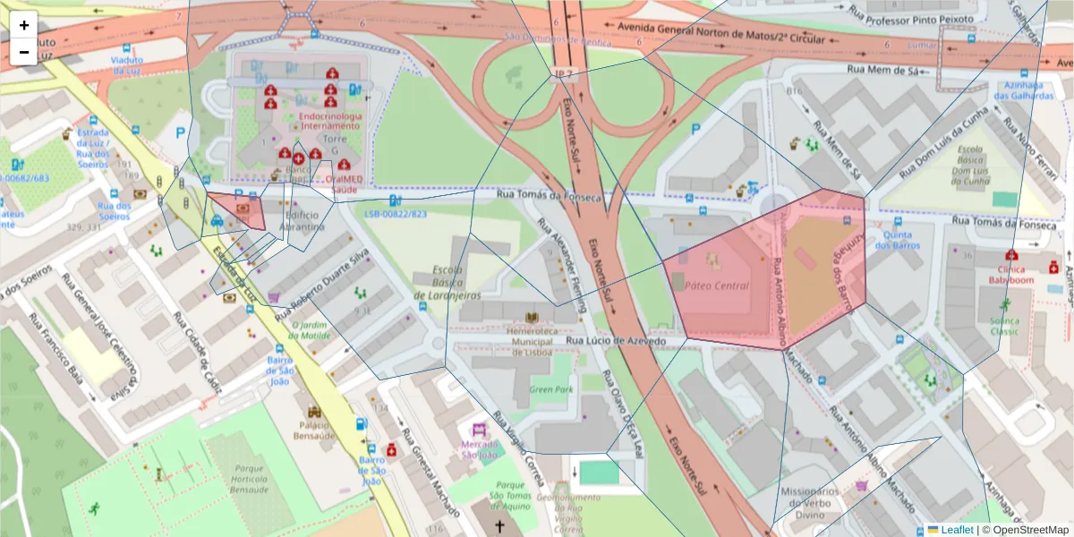 Mapa detalhado do código postal 1600-211 com limites, códigos postais vizinhos e agências dos correios