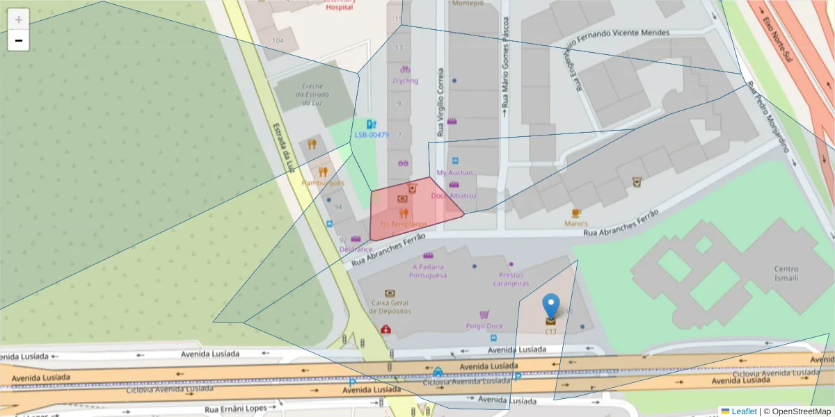 Mapa detalhado do código postal 1600-222 com limites, códigos postais vizinhos e agências dos correios