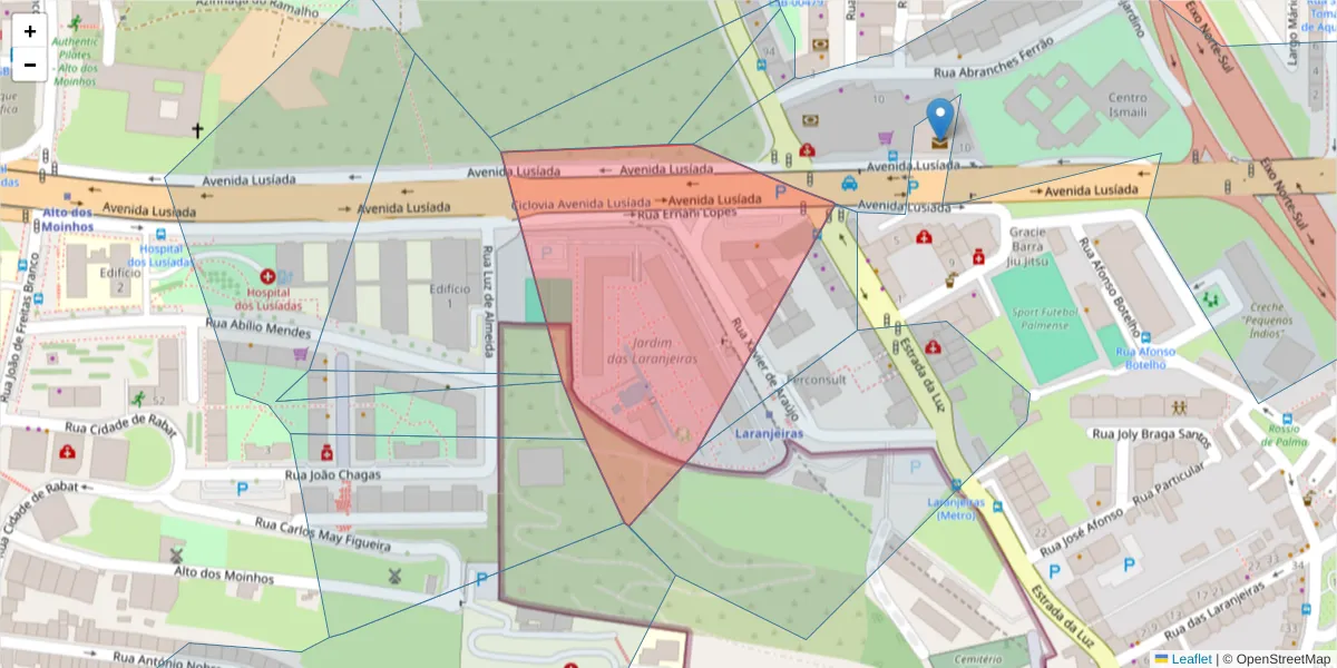 Mapa detalhado do código postal 1600-226 com limites, códigos postais vizinhos e agências dos correios