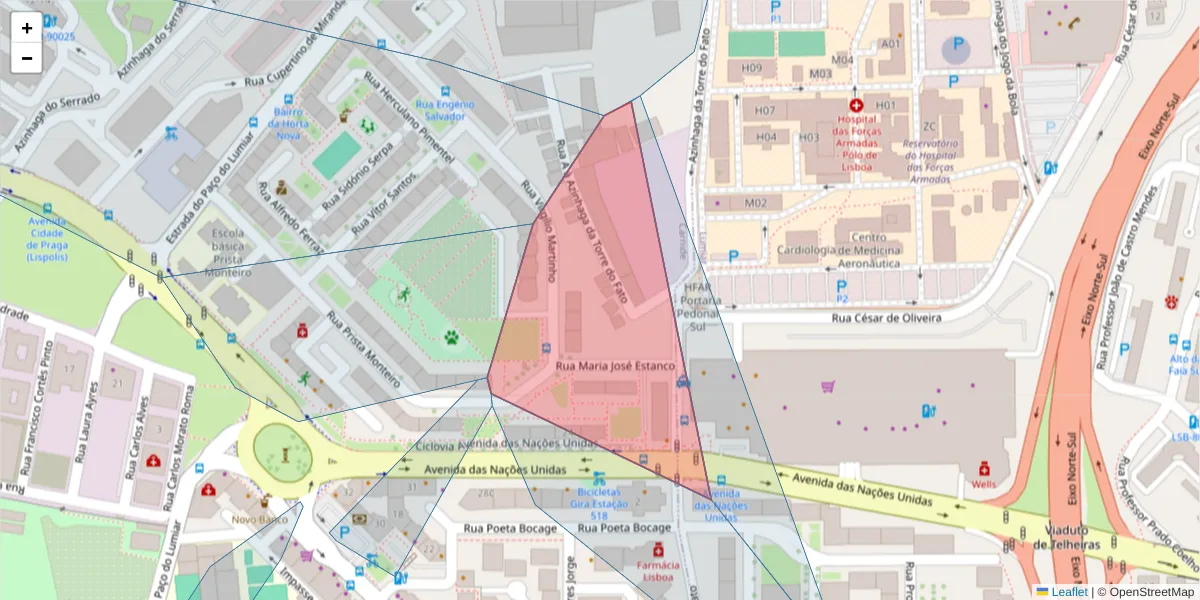 Mapa detalhado do código postal 1600-297 com limites, códigos postais vizinhos e agências dos correios