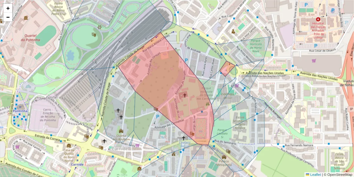 Mapa detalhado do código postal 1600-498 com limites, códigos postais vizinhos e agências dos correios
