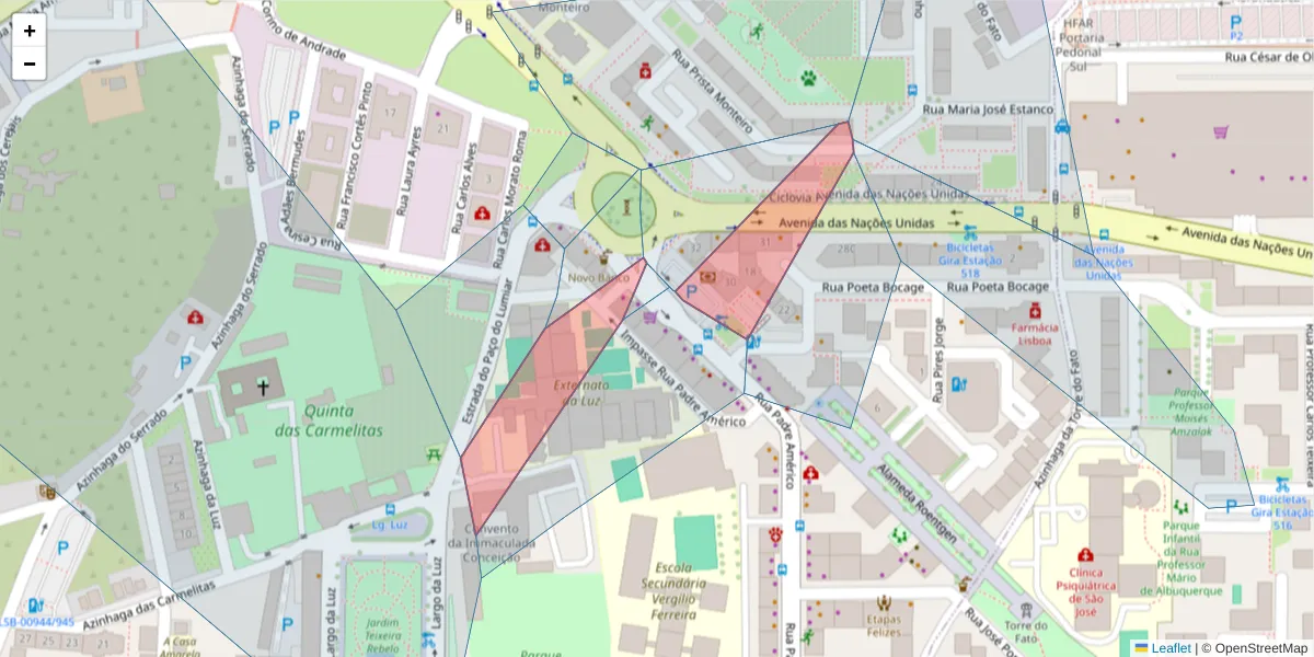 Mapa detalhado do código postal 1600-548 com limites, códigos postais vizinhos e agências dos correios
