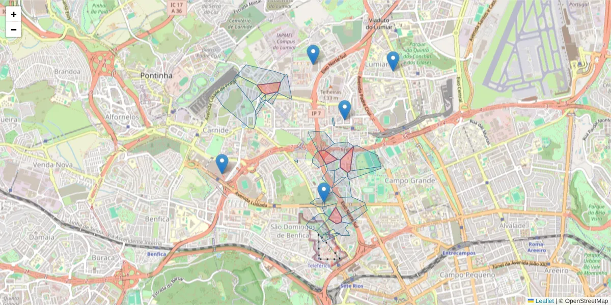 Mapa detalhado do código postal 1600 com limites, códigos postais vizinhos e agências dos correios