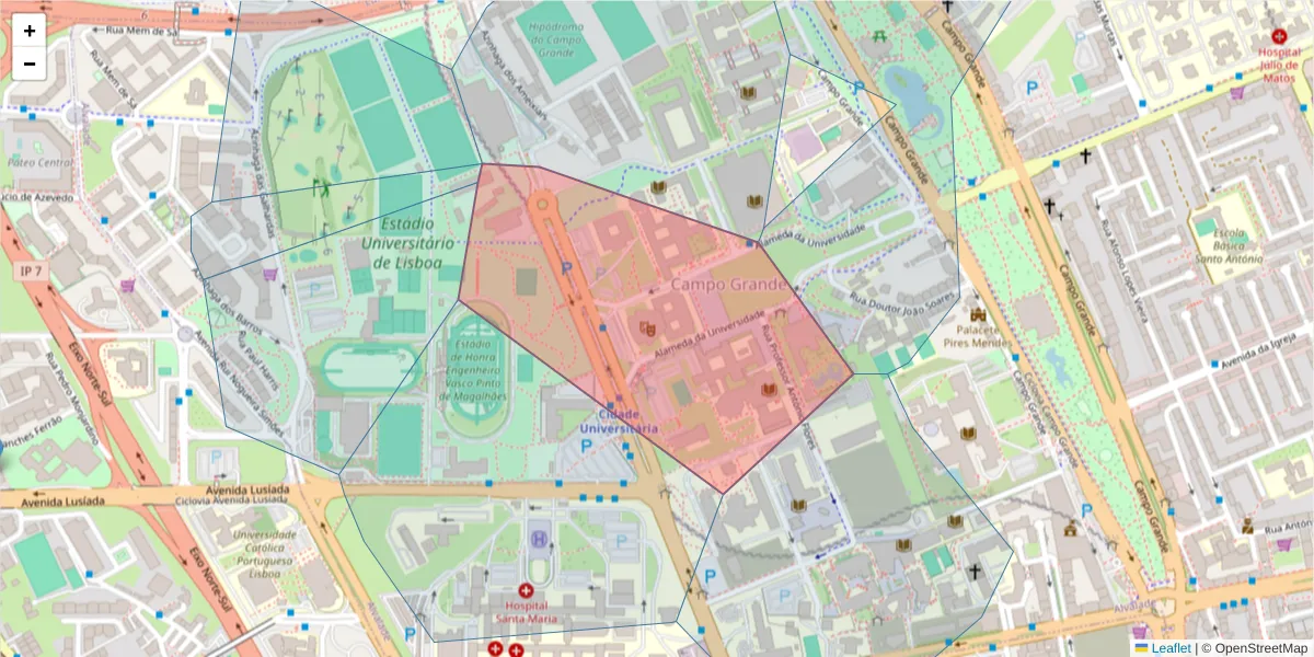 Mapa detalhado do código postal 1649-004 com limites, códigos postais vizinhos e agências dos correios