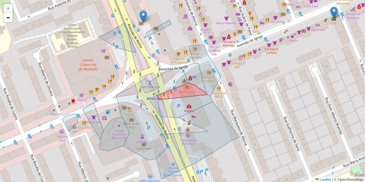 Mapa detalhado do código postal 1700-000 com limites, códigos postais vizinhos e agências dos correios