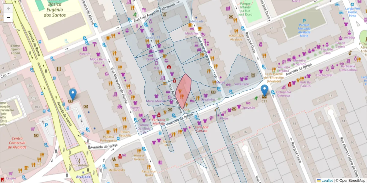 Mapa detalhado do código postal 1700-001 com limites, códigos postais vizinhos e agências dos correios