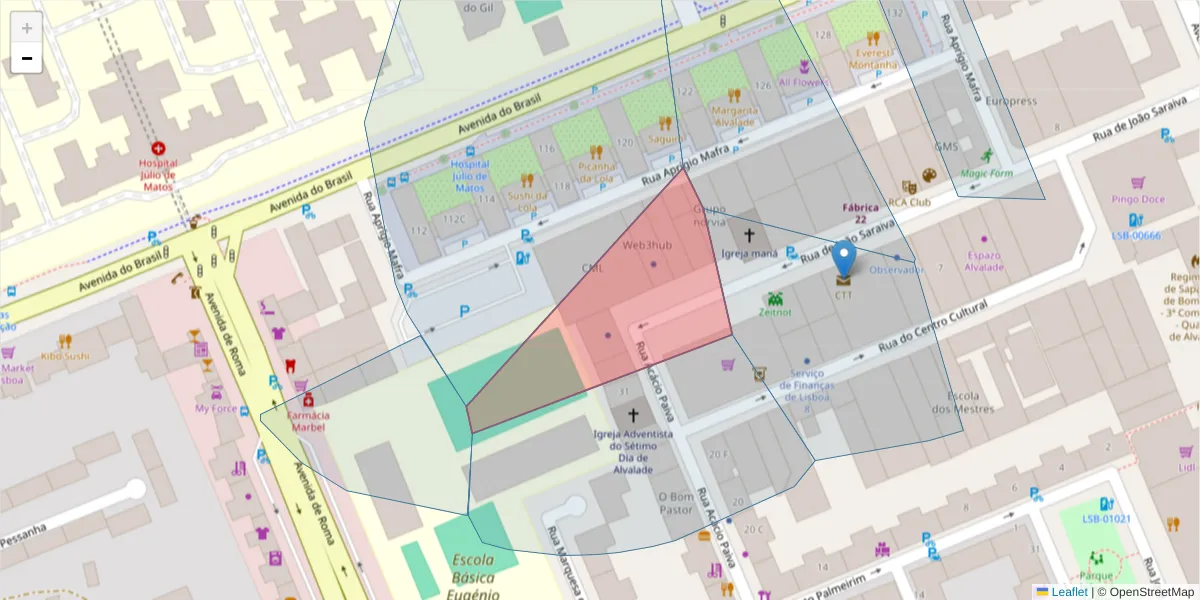 Mapa detalhado do código postal 1700-004 com limites, códigos postais vizinhos e agências dos correios