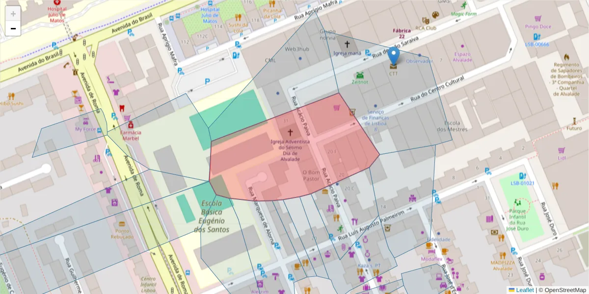 Mapa detalhado do código postal 1700-011 com limites, códigos postais vizinhos e agências dos correios