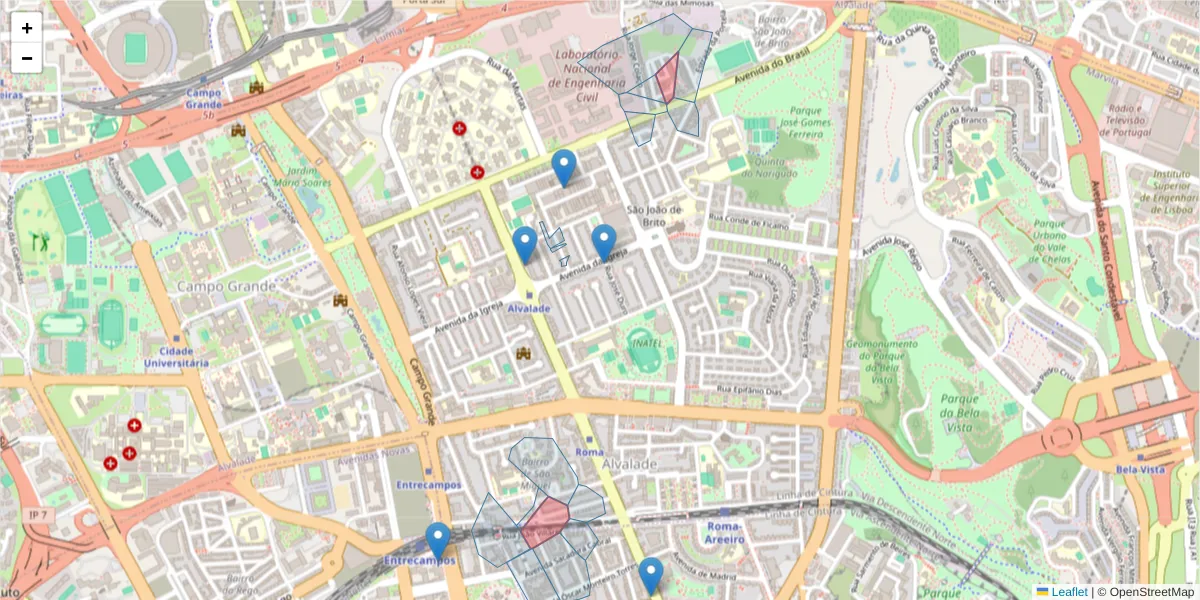 Mapa detalhado do código postal 1700-046 com limites, códigos postais vizinhos e agências dos correios
