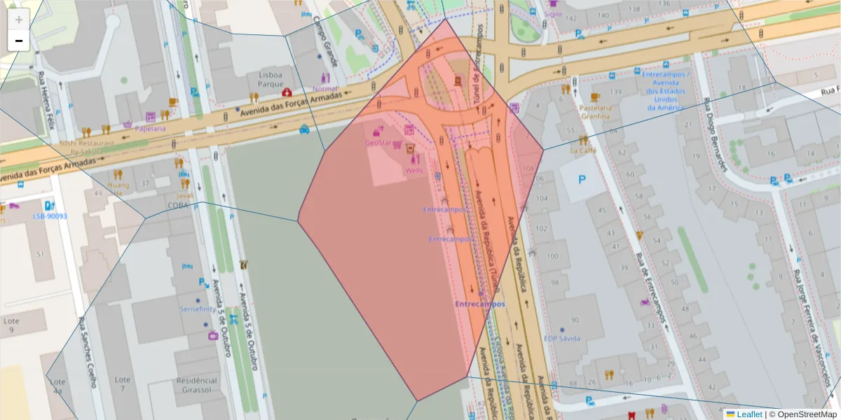 Mapa detalhado do código postal 1700-086 com limites, códigos postais vizinhos e agências dos correios